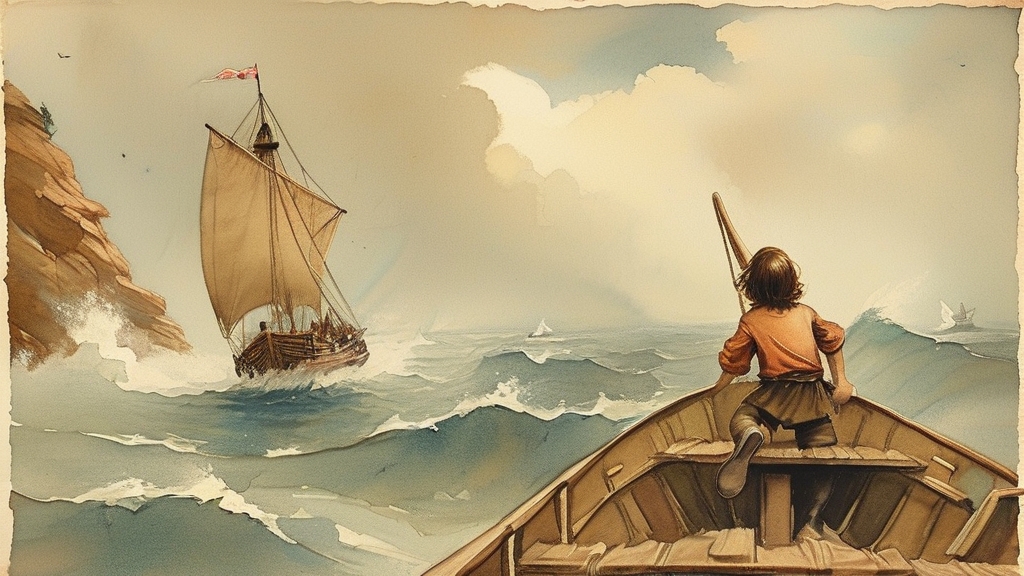 鲁滨逊和水手们乘小艇逃离即将沉没的大船