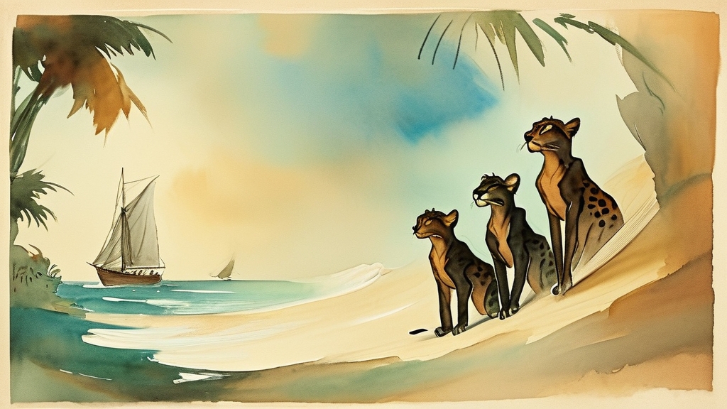 鲁滨逊的船沿着非洲海岸航行，黑人村民在岸上友好地提供食物，两只豹子从山上冲向海边