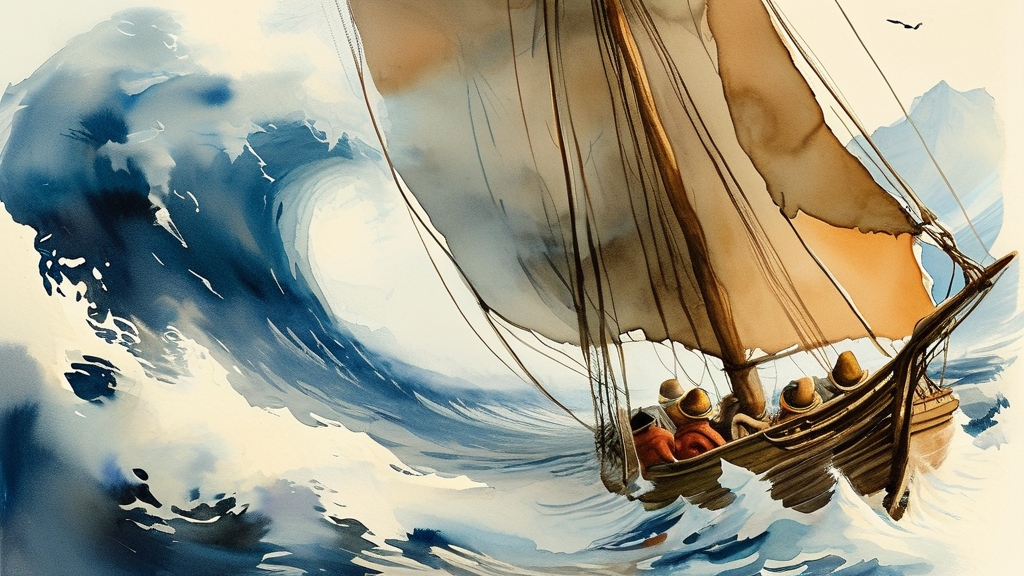 巨浪把小船掀翻，鲁滨逊被抛入海浪中，一次又一次被海浪卷起压下