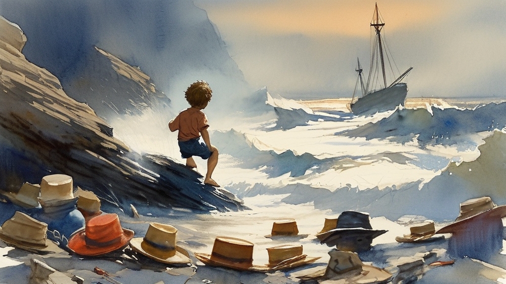 鲁滨逊紧抱岩石等待海浪减弱，然后拼命跑上沙滩，同伴们全部遇难，只留下散落的帽子和鞋子