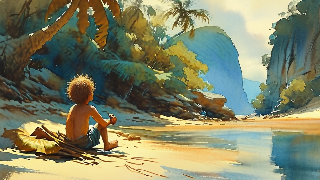 鲁滨逊孤身一人坐在海滩上，没有衣服没有食物只有一把刀和一个烟斗，发现淡水后在树上过夜