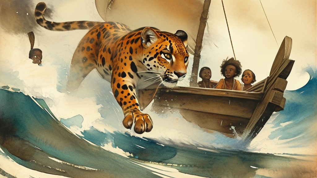 豹子正在向鲁滨逊的船游来，鲁滨逊开枪击中一只，黑人村民们在岸上惊讶地看着