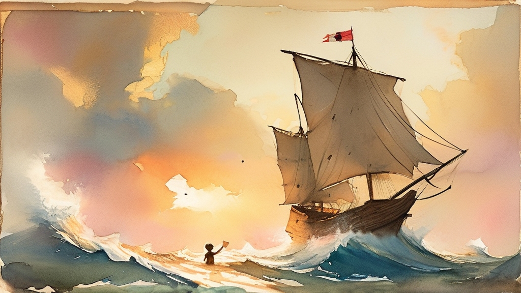 鲁滨逊的小船在海面上拼命追赶葡萄牙商船，船长从船上友好地向他挥手