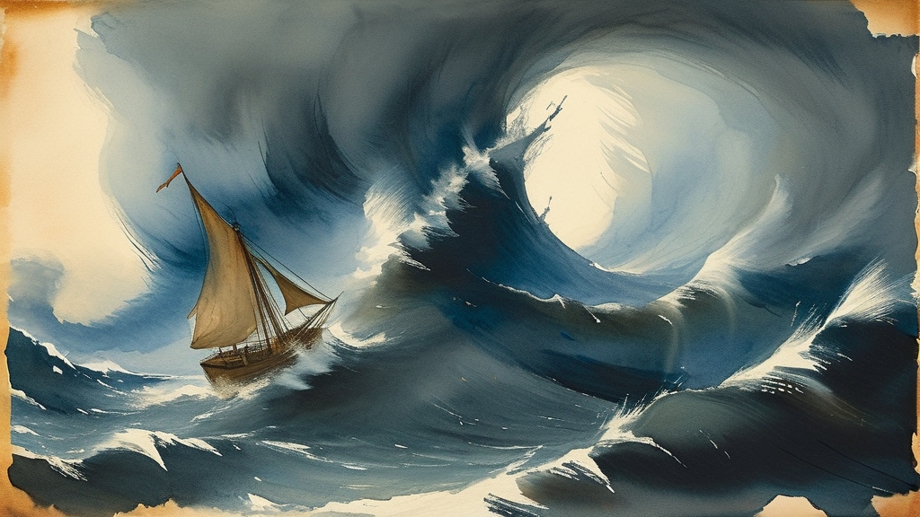 猛烈的飓风袭来，船被巨大的海浪抛来抛去，鲁滨逊和船员们面临生死考验