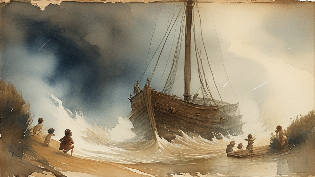 船在沙洲上搁浅，小艇已被海浪打碎，船员们准备弃船，海浪凶猛地冲击着船